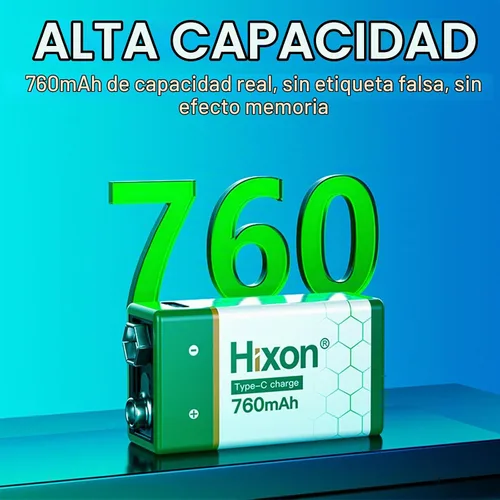 Vista 3 de Hixon Baterías de litio recargables USB de 9 V, baterías de iones de litio de larga duración de 760 mAh de 9 voltios con cable de carga tipo C