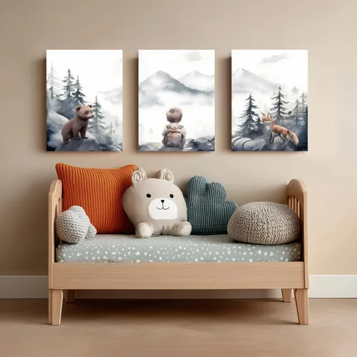 Vista 4 de kilamino Arte de pared de bosque neutral con animales salvajes, lindo póster de oso y zorro para guardería, impresiones de póster de aventura
