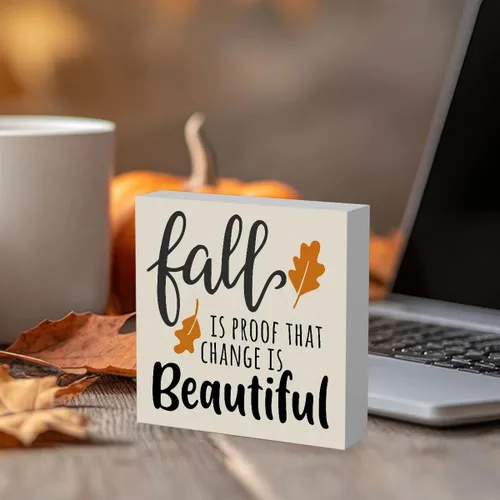 Vista 4 de Letrero rústico de madera con texto en inglés "Fall is Proof That Change is Beautiful", decoración de obra de arte de otoño y Acción de Gracias