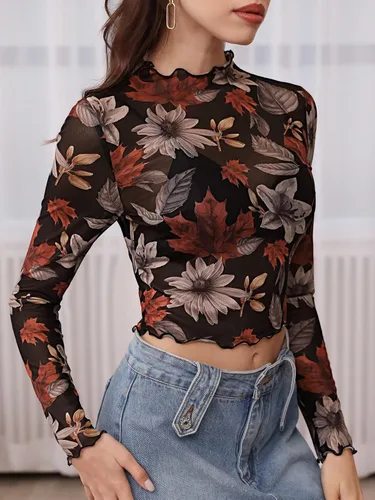 Vista 4 de Verdusa Blusa de malla con estampado floral y cuello alto falso para mujer