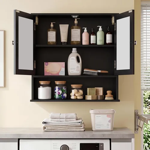 Vista 4 de GLACER - Armario de pared de baño moderno con espejo y estante ajustable Negro