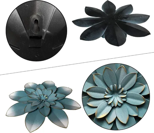 Vista 2 de Decoración artística de pared de flores de metal azul, escultura floral rústica moderna de 9.5 pulgadas, decoración desgastada para colgar