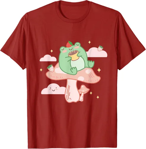 Vista 58 de Kawaii Strawberry Frog On Mushroom - Camiseta de manga corta de anime, Azul / Patchwork, S Azul Pastel