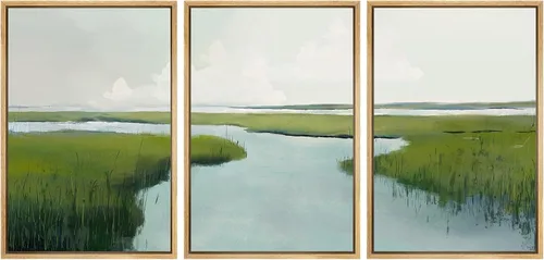 Vista 52 de SIGNWIN Lienzo enmarcado para pared, juego de arte sereno de pantanos con humedales verdes e ilustraciones de agua tranquila, arte moderno
