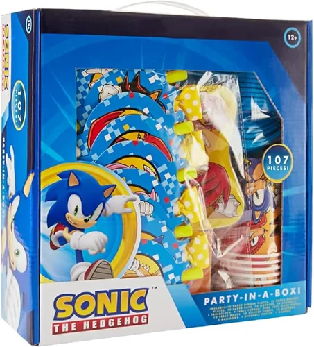 Vista 6 de Kit de Fiesta de Cumpleaños de Sonic The Hedgehog - Suministros Completos para 10, Decoraciones Temáticas de Videojuegos, Pancarta con Licencia