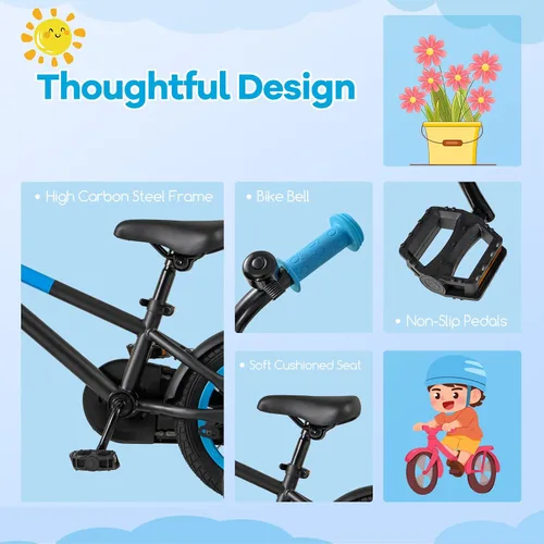 Vista 6 de BABY JOY Bicicleta infantil de macarones coloridos, de 12, 14, 16 y 18 pulgadas, bicicleta deportiva para niños con ruedas de entrenamiento