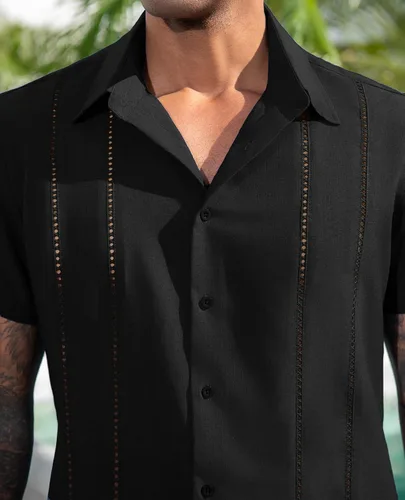 Vista 4 de Camisa de manga corta de lino para hombre de DEMEANOR, camisa guayabera cubana con botones, camisa casual de verano para la playa, la vacación