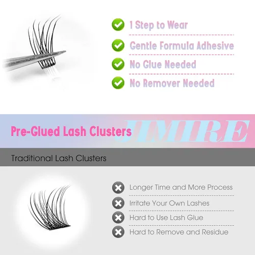 Vista 5 de JIMIRE 160 piezas de pestañas autoadhesivas de aspecto natural, 9-14 mm, racimos de pestañas pre-pegadas, sin necesidad de pegamento, pestañas