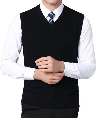 Vista 2 de FULIER Chaleco de lana de cachemira con cuello en V para hombre, sin mangas, clásico suéter de punto, suéter cárdigans sin mangas Negro