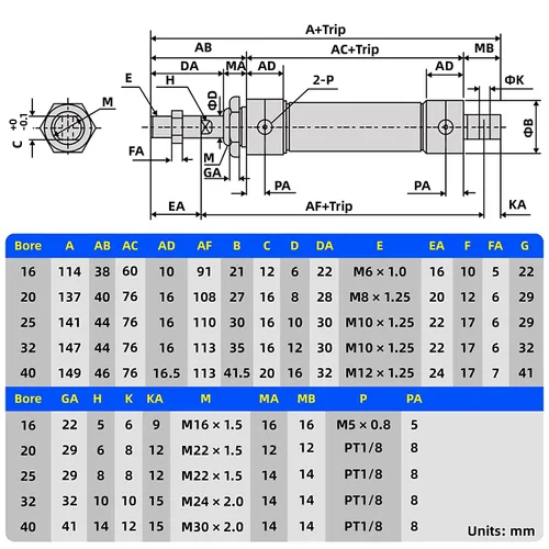 Vista 2 de TAILONZ PNEUMATIC Cilindro de Aire de 16mm Orificio 25mm Carrera de Doble Acción con Conector Y y 2 Piezas de Conexión de 6mm MAL16x25