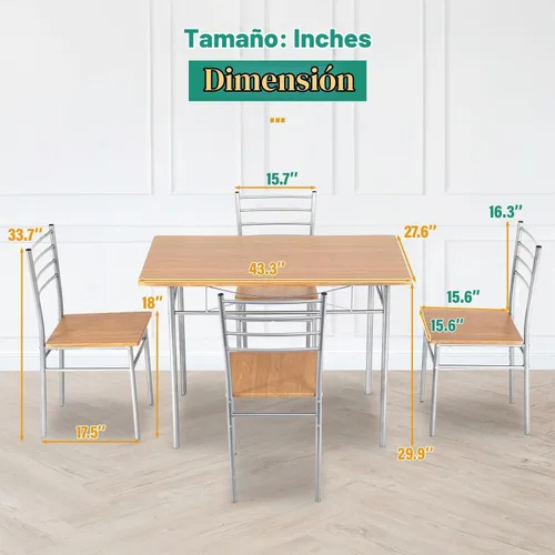 Vista 8 de Juego de mesa de comedor PayLessHere, mesa de madera y 4 sillas modernas con patas de metal, muebles rectangulares para el hogar