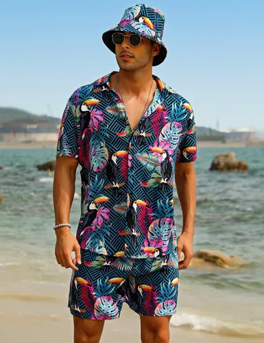 Vista 2 de EISHOPEER Conjunto hawaiano de flores para hombre, camisa de manga corta y pantalones cortos, trajes con sombreros de pescador