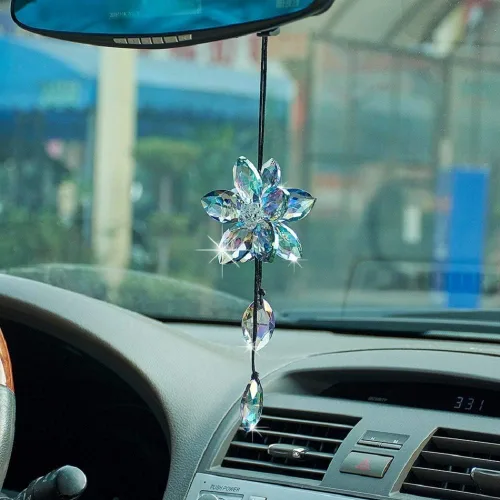 Vista 14 de Accesorio de pendiente decorativo, diseño de flor de cristal, para espejo retrovisor de vehículo, Azul