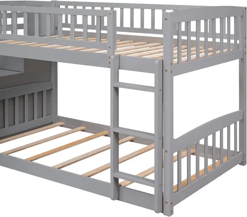 Vista 6 de CITYLIGHT Twin Over Twin Low Bunk Bed with Slide and Storage Stairs, Gray Grey
