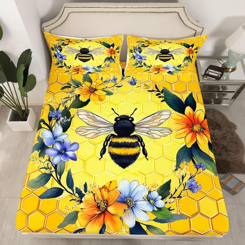 Vista 7 de Erosebridal Honey Bee - Juego de sábanas bajeras negras y doradas, tamaño individual, diseño geométrico de panal de abeja para niños y niñas, funda