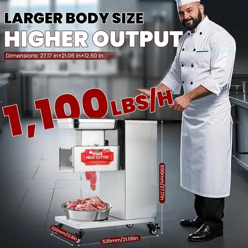 Vista 2 de NEWTRY Máquina cortadora de carne comercial con 2 cuchillas, resistente, 1,100 lbs/h, máquina cortadora de carne NT-E para restaurante rebanadora