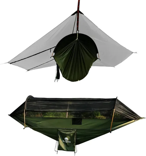 Vista 9 de WintMing - Hamaca con mosquitera y cubierta para moscas de lluvia, 3 en 1, hamaca de campamento, 440 libras de carga