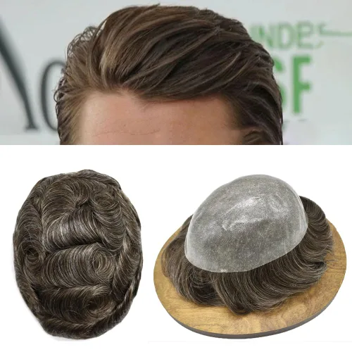 Vista 48 de PU Toupee para hombres pieza de pelo real sistema de reemplazo de cabello humano para hombres Toupee pieza de pelo para hombres piel polivinílica