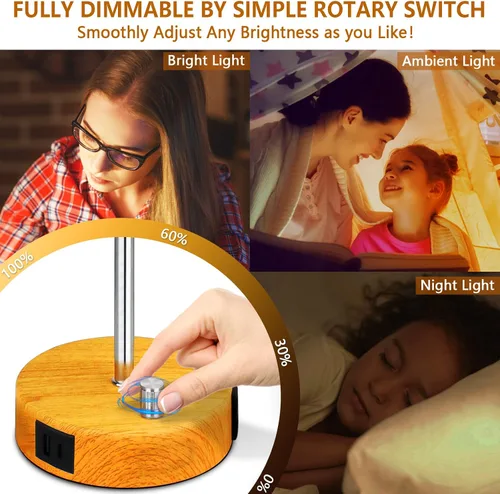 Vista 2 de HiBay Lámpara de mesita de noche regulable de 17.75 pulgadas con estación de carga, 2 puertos USB y salida de CA, luz rústica de grano de madera