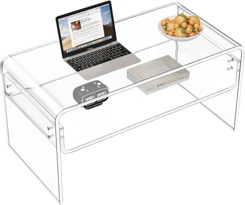 Vista 8 de Mesa auxiliar acrílica, mesa auxiliar moderna rectangular negra, mesa de té con almacenamiento abierto, adecuada para sala de estar, recepción