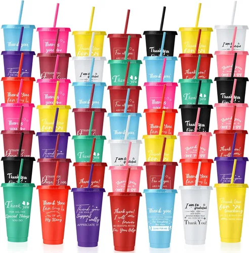 Vista 14 de Nuenen 50 vasos de agradecimiento a los empleados con popote y tapa a granel de 24 onzas, taza de agradecimiento, regalo de fiesta de Navidad, vasos