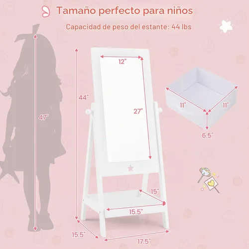 Vista 6 de Costzon Espejo de longitud completa para niños, espejo de pie de princesa con estante de almacenamiento y cesta, espejo rectangular giratorio de 360