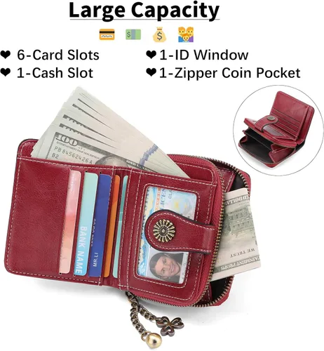 Vista 2 de Cartera pequeña para mujer, de piel, plegable, compacta, con bloqueo RFID, con bolsillo con cremallera para monedas, A01 Rojo Vino, Classic