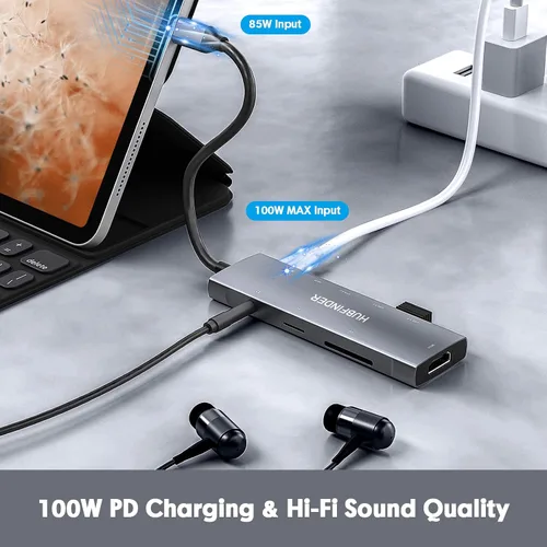 Vista 5 de Hub USB C, HUBFINDER 9 en 1 USBC a HDMI con 4K, entrega de energía de 100 W, 3 puertos de datos USB 3.0 y USB-C de 5 Gbps, lector de tarjetas SD/TF