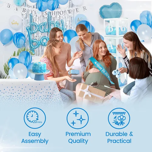 Vista 6 de Decoraciones de baby shower para niño, todo en uno, incluye decoración azul para baby shower, juego de 165 piezas, juego de 165 piezas, decoración