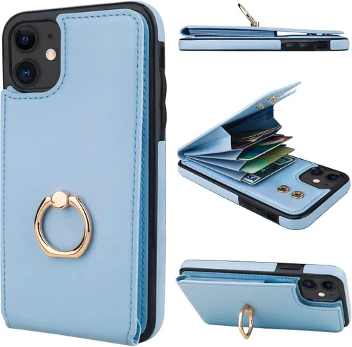 Vista 16 de Folosu Funda compatible con iPhone 11, cartera con tarjetero y rotación de 360°, soporte de anillo de dedo con función atril, bloqueo RFID, piel