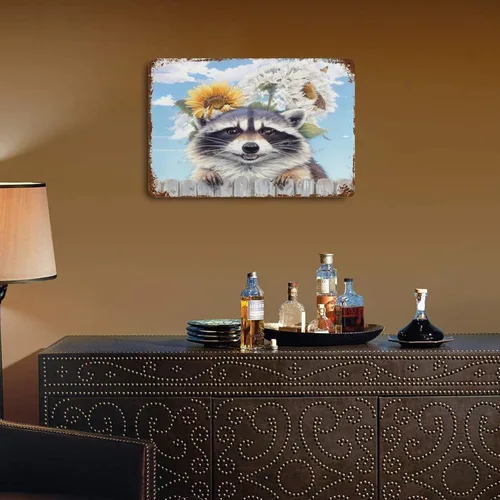 Vista 6 de Zomyto Cartel de metal con imágenes de mapache para pared, lindo mapache con girasol, letreros de lata novedosos para habitación de niños, póster