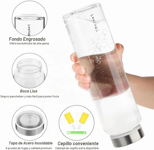 Vista 3 de Botella de agua de vidrio de 32 onzas con popote, reutilizable, ecológica, sin bisfenol A, botellas de agua de vidrio de borosilicato con 2 tapas