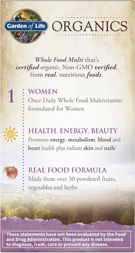 Vista 9 de Suplemento multivitamínico orgánico Garden of Life, para mujer, tabletas múltiples, una vez al día, hhh-kyyy-tra-rat8289, 30, 1, 1