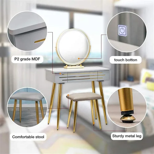 Vista 3 de Juego de mesa de maquillaje, mesa de tocador con pantalla táctil de 3 modos, espejo iluminado ajustable y taburete acolchado, cajón deslizante