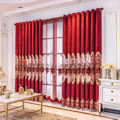 Vista 7 de ELKCA Cortina de felpilla bordada en rojo burdeos para sala de estar, cortinas florales de felpilla de lujo para dormitorio, ojales en la parte