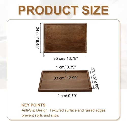 Vista 2 de Bandeja rectangular de madera para servir, bandeja decorativa de madera, 13.8 x 9.5 pulgadas, apta para decoración del hogar, cocina, mesa auxiliar