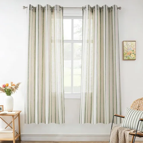 Vista 8 de DriftAway Cortinas de estilo granja con rayas verticales de lino mezclado texturizado con filtro de luz semitransparente para sala de estar