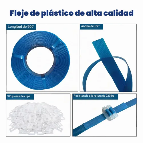 Vista 7 de Kit de flejado de bandas de embalaje de plástico, correas de polipropileno de 1/2 "x 500' y 100 hebillas, azul Correas de polipropileno de 1/2" x