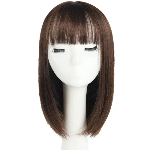 Vista 21 de Pelucas Bob con flequillo, peluca de cabello castaño rojizo de 10 Caoba