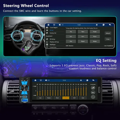 Vista 5 de Radio inalámbrica Apple CarPlay Android de 6.5 "con pantalla táctil DIN único FM/AM Car Stereo with Bluetooth 5.2,180W Audio,20-Band