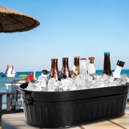 Vista 6 de Lallisa Cubo galvanizado para bebidas de 5.3 galones, cubo galvanizado de metal para hielo y bebidas con asas, para fiestas, casa de campo, piscina