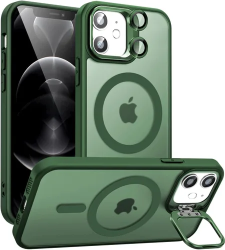Vista 29 de Funda magnética para iPhone 11 con soporte, compatible con Magsafe, protección militar y protector de lente de cámara, funda translúcida mate