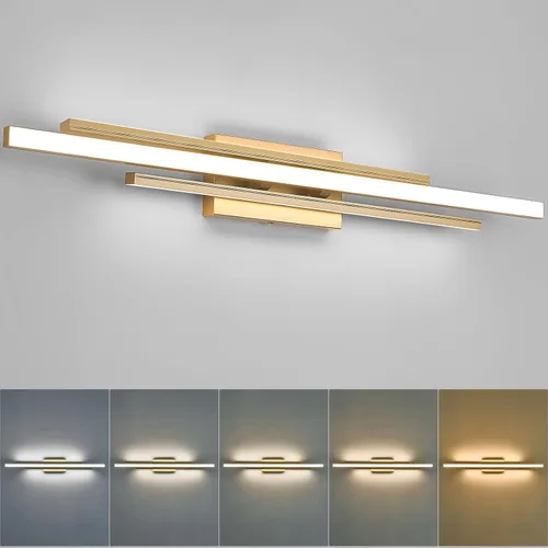 Vista 9 de VitaLink Lámpara de tocador dorada, 24 pulgadas, moderna lámpara de pared de baño sobre espejo de tocador, 2 luces cableadas de vidrio blanco