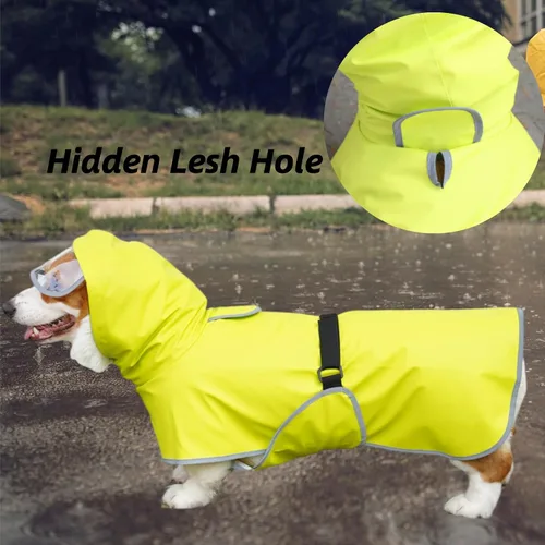 Vista 6 de Chaqueta de lluvia para perros con capucha para mascotas pequeñas, impermeable con tira reflectante, correa ajustable para la protección