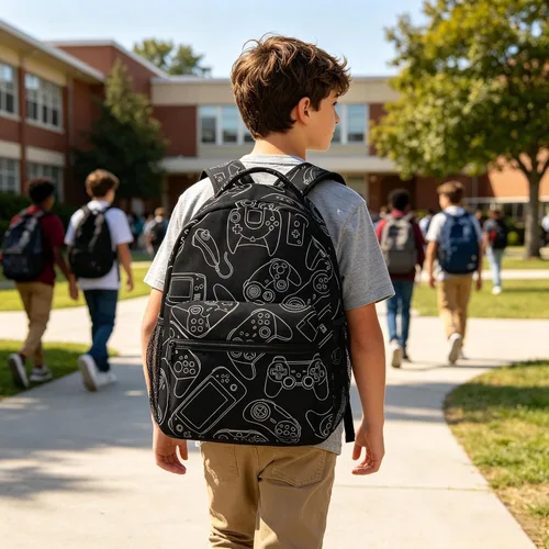 Vista 6 de Fiokroo Controlador de videojuegos con fondo negro, mochila escolar para estudiantes, adolescentes, hombres, mujeres, gadgets de juegos, mochilas