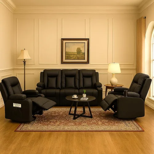 Vista 9 de Juego de sofá reclinable de cuero LUCKLIFE con sillones reclinables manuales, juego de muebles para sala de estar con sofá reclinable, sofá de dos