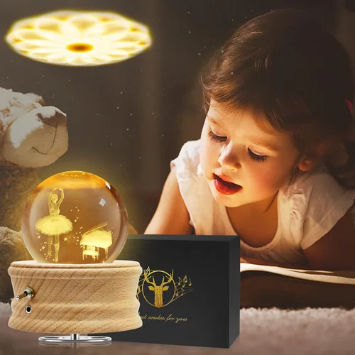 Vista 3 de Caja de música de bola de cristal 3D con luz LED de proyección y base de madera giratoria para Navidad, cumpleaños, día de San Valentín, cajas