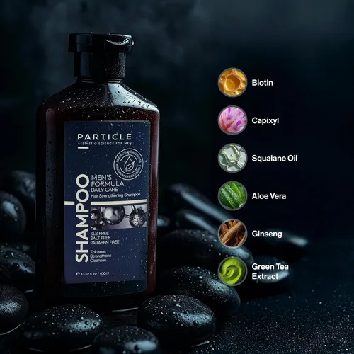 Vista 3 de Particle Champú para engrosar el cabello para hombres, champú para hombres, fórmula limpiadora hecha con biotina, capixyl, redensyl, ginseng
