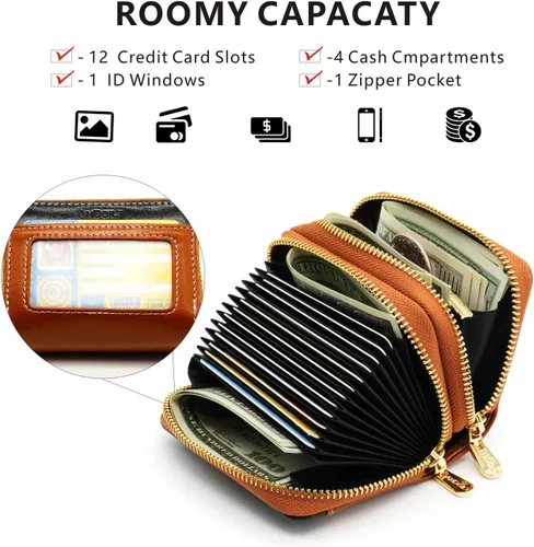 Vista 4 de ANDOILT Cartera pequeña de piel auténtica para mujeres y hombres, bloqueo RFID, con doble cremallera, acordeón, tarjetero y llavero, L1 marrón