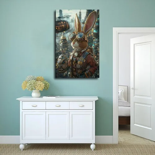 Vista 4 de Steampunk - Arte de pared de Pascua – Conejito futurista retro y huevo mecánico – Póster de fantasía industrial Steam City – Decoración única